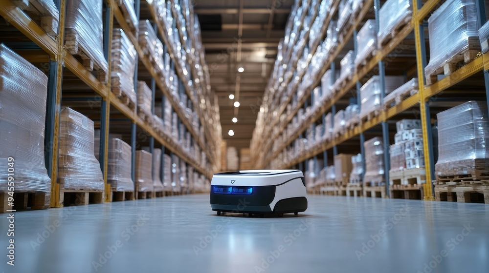 Fototapeta premium Autonomous robot navigating through a warehouse, transporting goods efficiently