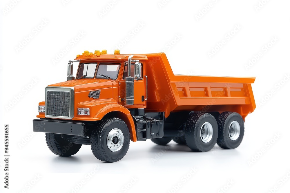 A bright orange dump truck model designed for construction and transportation tasks. A bright orange dump truck model designed for construction and transportation tasks.