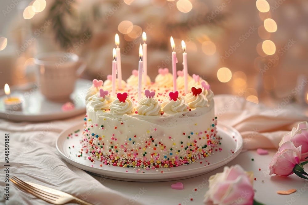 Birthday cake with heart-shaped sprinkles and ten candles, on a white plate with a romantic setting background Birthday cake with heart-shaped sprinkles and ten candles, on a white plate with a romantic setting background