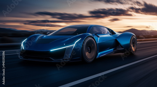 A blue sports car with LED headlights driving on the road surrounded by light trails 