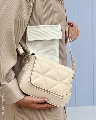 Female with winter wear and purse handbag on shoulder. Women's outfit and lifestyle accessories concept. Purse bag and young women. Leather purse handbag for female outfit.