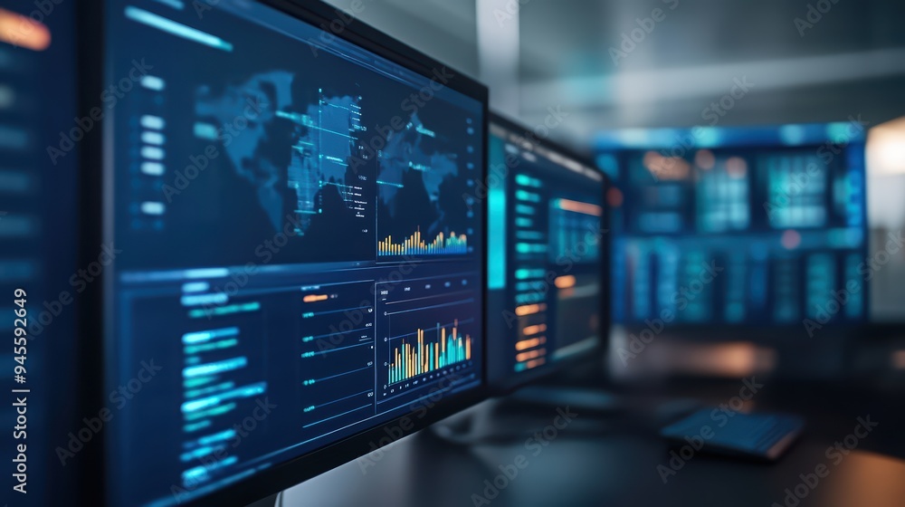 High-tech monitors displaying global data analytics and statistics in a modern office environment, illustrating data management. High-tech monitors displaying global data analytics and statistics in a modern office environment, illustrating data management.