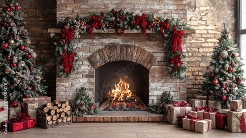 Cozy Christmas living room with a decorated fireplace, festive gifts, and Christmas trees adorned with red ribbons and ornaments.