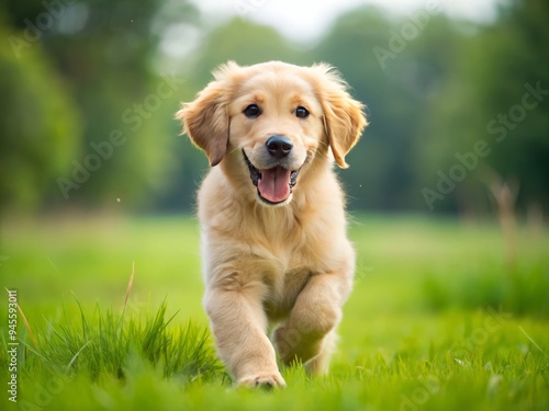 An obedient golden retriever puppy runs towards the camera, ears perked up, tail wagging, responding promptly to the 