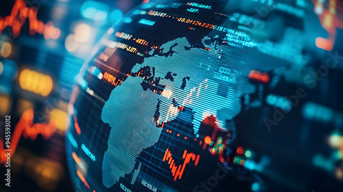 Close-up of a globe overlaid with stock market tickers, highlighting global financial trends .illustration