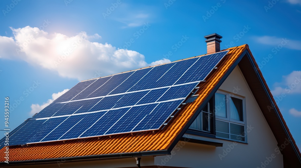 Fototapeta premium Modern house with solar panels under bright blue sky, showcasing renewable energy and sustainable living.