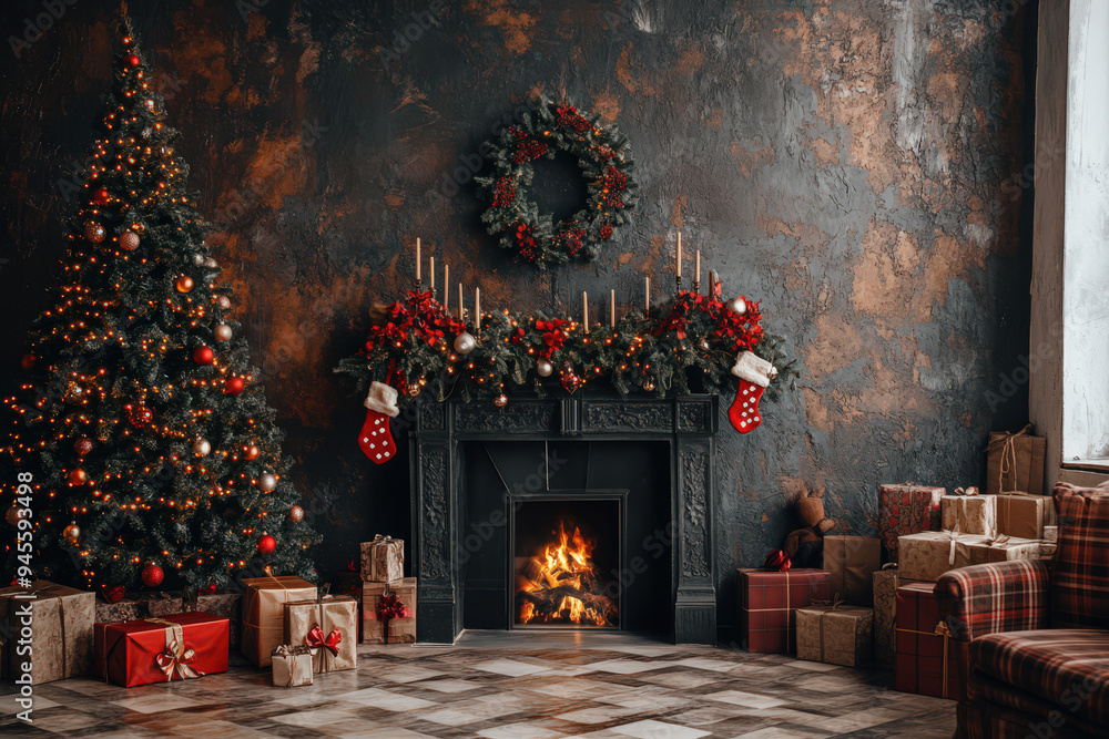 Cozy Christmas living room with decorated tree, fireplace, wreath, and wrapped gifts, perfect holiday setting with festive decorations. Cozy Christmas living room with decorated tree, fireplace, wreath, and wrapped gifts, perfect holiday setting with festive decorations.