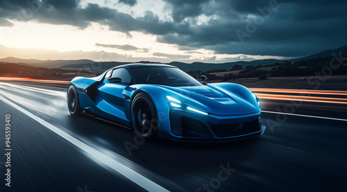 A blue sports car with LED headlights driving on the road surrounded by light trails 