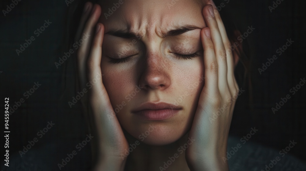 A young person sits quietly in a dim space, eyes closed, hands pressing on the head, expressing intense emotions and mental strain. Generative AI A young person sits quietly in a dim space, eyes closed, hands pressing on the head, expressing intense emotions and mental strain. Generative AI