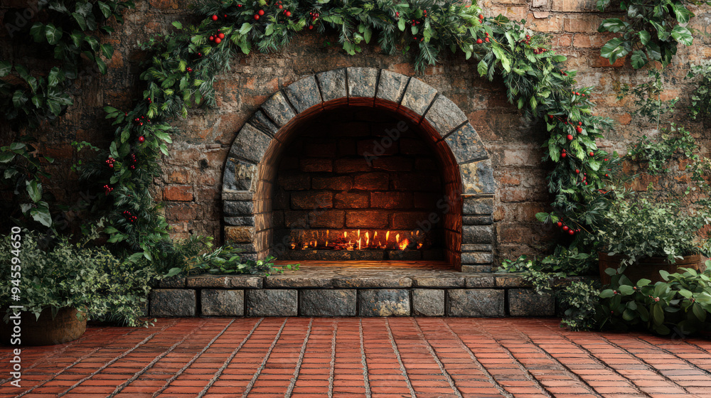 Fototapeta premium Cozy outdoor fireplace with lush greenery and brick design. Perfect for a warm, inviting outdoor living space.