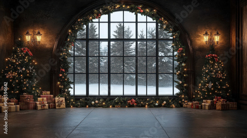 Cozy room with large window view of snowy forest, decorated with Christmas trees, garlands, and presents, perfect for holiday celebration. photo