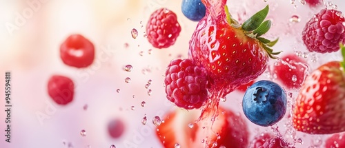 Vibrant berries splashing in water, showcasing their freshness and color, perfect for healthy food or lifestyle imagery.