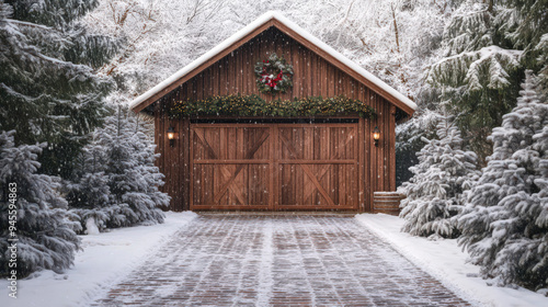 Cozy wooden garage decorated with a Christmas wreath during snowfall, surrounded by snow-covered trees. Wintery, festive atmosphere.