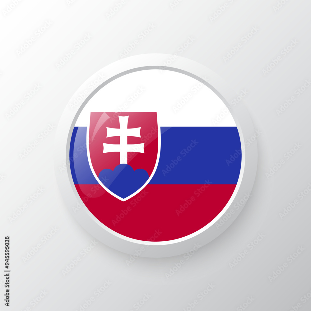 Obraz premium 3D Button with Slovakia flag. as round glossy icon on background isolated. Vector illustration eps 10. 