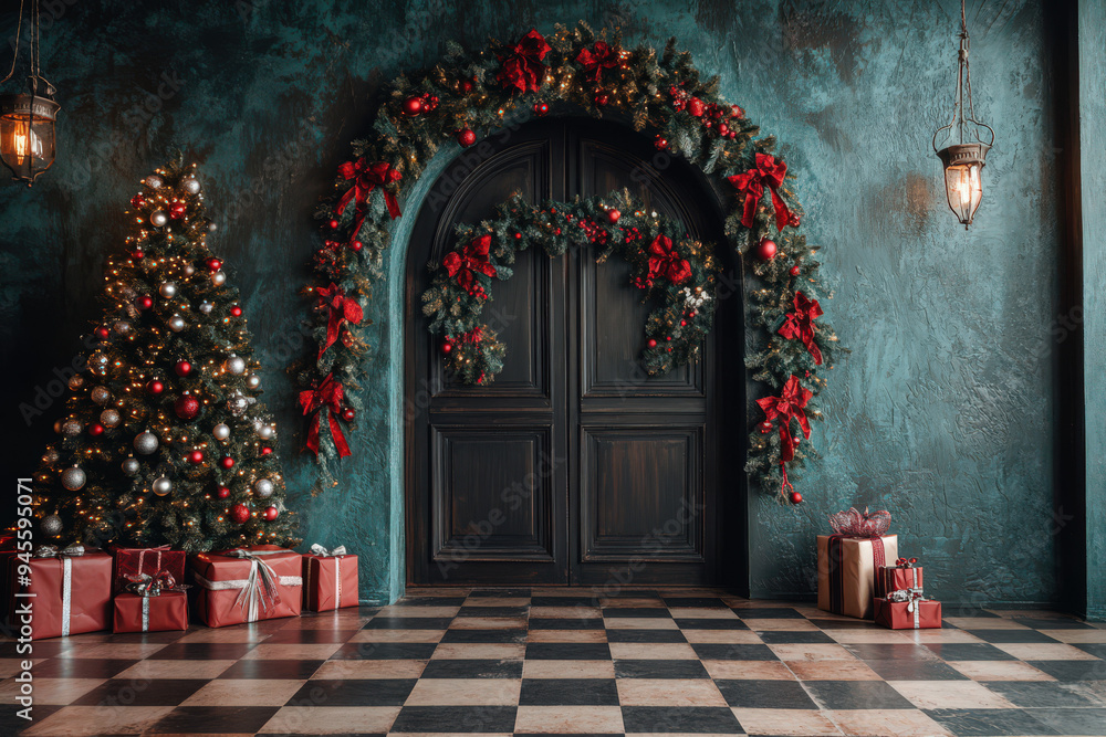 Fototapeta premium Elegant Christmas decoration with a festive tree, gift boxes, and a beautifully adorned door with garland and ribbons in a cozy room.
