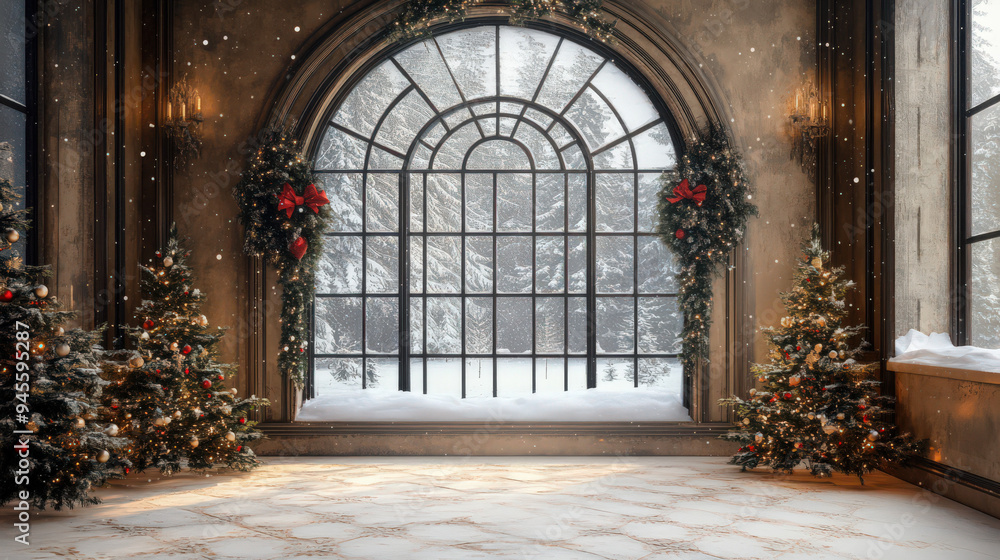 Elegant holiday-themed room with large arched window, decorated with Christmas trees and festive garlands, overlooking a snowy landscape. Elegant holiday-themed room with large arched window, decorated with Christmas trees and festive garlands, overlooking a snowy landscape.
