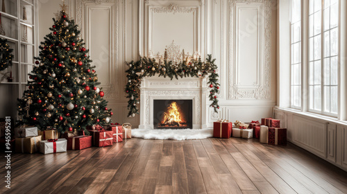 Elegant living room with Christmas tree and fireplace aglow, beautifully wrapped presents on hardwood floor, festive holiday decor.