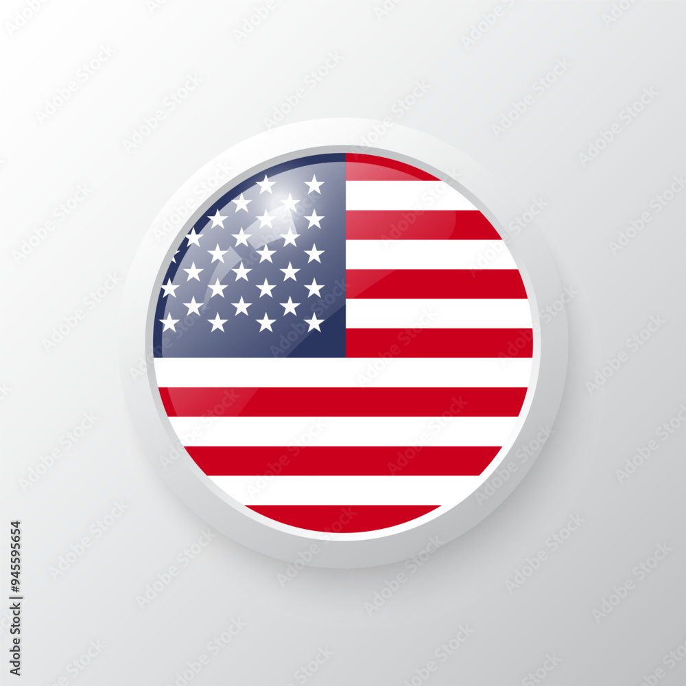 3D Button with United States flag. as round glossy icon on background isolated. Vector illustration eps 10.	

