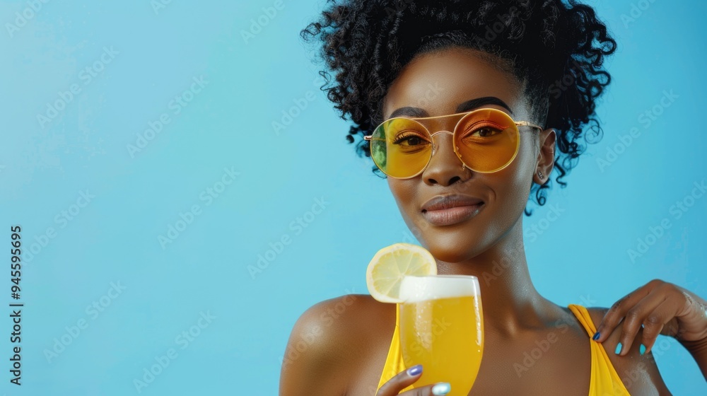 A woman holds a glass of lemonade in a bright yellow dress, perfect for outdoor gatherings or summer scenes A woman holds a glass of lemonade in a bright yellow dress, perfect for outdoor gatherings or summer scenes
