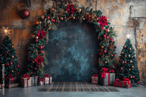 Festive Christmas scene with decorated arch, trees, and gifts against rustic wall, perfect for holiday celebrations and festivities.