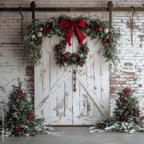 Festive holiday setup featuring a rustic white barn door decorated with a red bow, wreath, and mini Christmas trees. photo