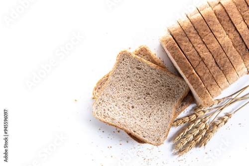 Healthy wholemeal bread slices isolated on white background. Top view. Copy space