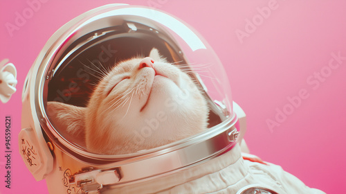 Cute space cat dressed in astronaut suit. Created with Generative AI technology..pink banner/design/background/poster photo