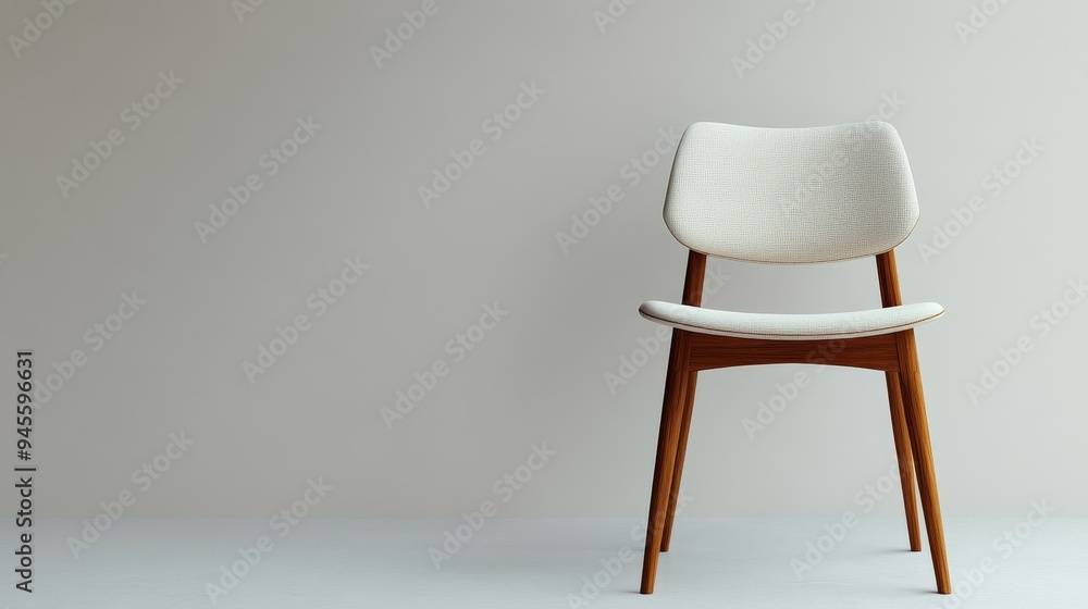 A chair with a white seat and a brown back is sitting in front of a white wall A chair with a white seat and a brown back is sitting in front of a white wall