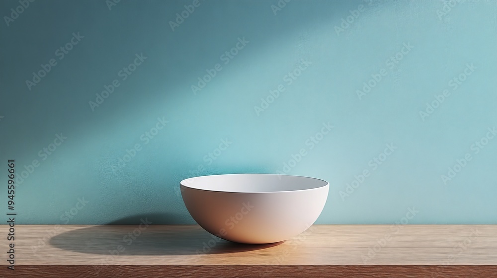 A white bowl sits on a wooden shelf in front of a blue wall A white bowl sits on a wooden shelf in front of a blue wall