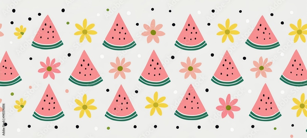 Seamless pattern with cute watermelon and flower illustrations Seamless pattern with cute watermelon and flower illustrations
