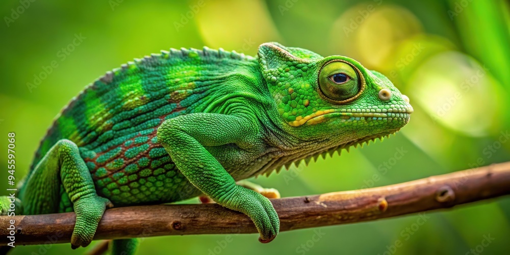 Obraz premium Green chameleon blending into a branch in natural habitat, green, chameleon, branch, camouflage, reptile, wildlife, nature