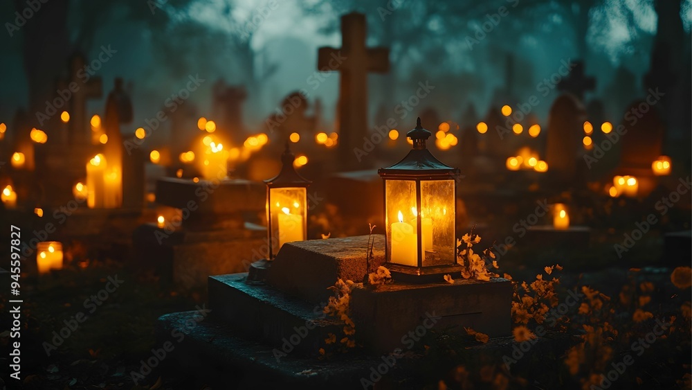 A foggy cemetery at night, illuminated by glowing candles inside lanterns, creating a somber and eerie atmosphere among tombstones. A foggy cemetery at night, illuminated by glowing candles inside lanterns, creating a somber and eerie atmosphere among tombstones.