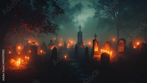 Wallpaper Mural featuring glowing candlelit crosses amidst the tombstones Torontodigital.ca