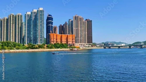 View at summer Tsueng Kwan O waterfront park, Hong Kong 