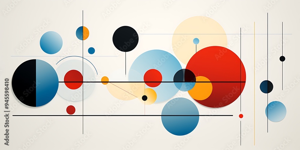 A poster with bold geometric shapes and lines in blue, red, yellow, and orange colors,The background is white to highlight these forms. A poster with bold geometric shapes and lines in blue, red, yellow, and orange colors,The background is white to highlight these forms.