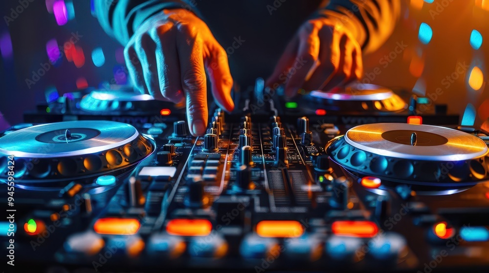 Obraz premium Photo-realistic DJ performance, DJ mixing tracks on turntables, vibrant club lighting, high-resolution details, energetic atmosphere