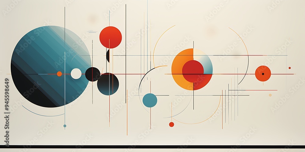 A poster with bold geometric shapes and lines in blue, red, yellow, and orange colors,The background is white to highlight these forms. A poster with bold geometric shapes and lines in blue, red, yellow, and orange colors,The background is white to highlight these forms.
