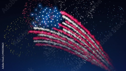 Template for veterans day, presidents day, labor, memorial, independence. Fireworks US flag. Animated template. USA national holiday. Banner. American fireworks flag on sky background. Seamless loop