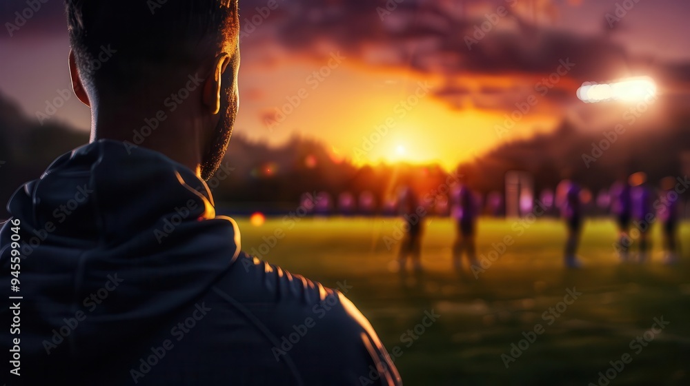 Fototapeta premium Photo-realistic football training session, coach instructing players on the field, intricate details, realistic surroundings, vibrant colors