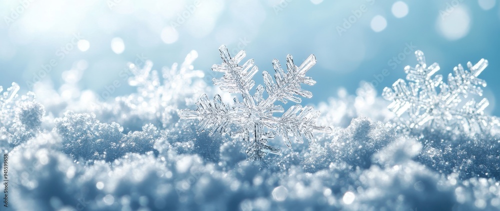 Close-up of a delicate snowflake resting on fresh snow, capturing the beauty of winter's natural wonders.
