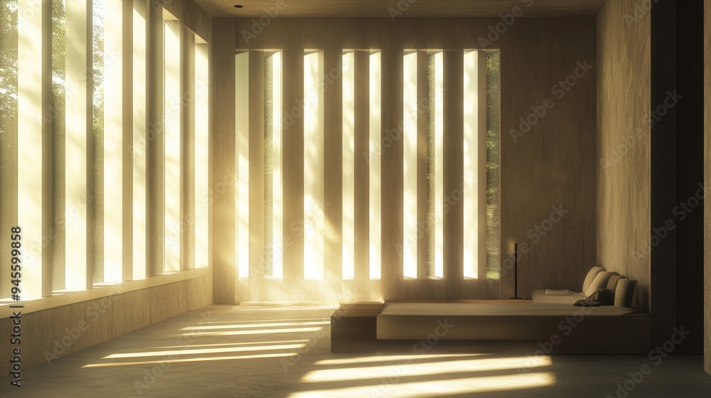 Fototapeta premium 3D rendering of windows featuring brise soleil casting vertical light stripes