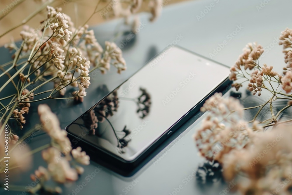 A cell phone placed on a table next to fresh flowers, often used for still life photography or as a decorative element A cell phone placed on a table next to fresh flowers, often used for still life photography or as a decorative element