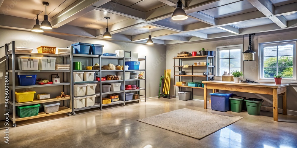 Spotless, well-organized basement with neatly stored bins, shelves, and tools, illuminated by bright natural light pouring through a nearby window.