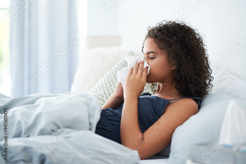 Konstfotografi Sick woman, bedroom and blowing nose for sinus infection, allergies and tissue for hayfever