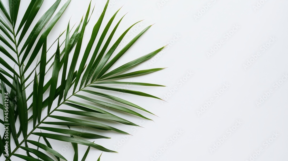 A close-up of a green palm leaf against a white background. A close-up of a green palm leaf against a white background.