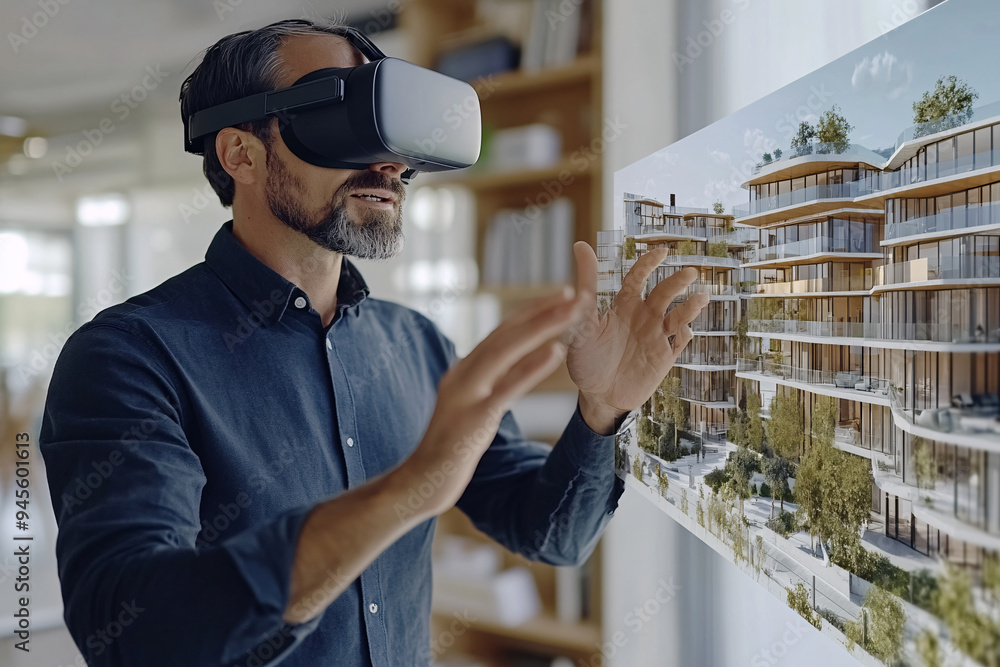 Virtual Reality Architecture: A man wearing a VR headset interacts with ...