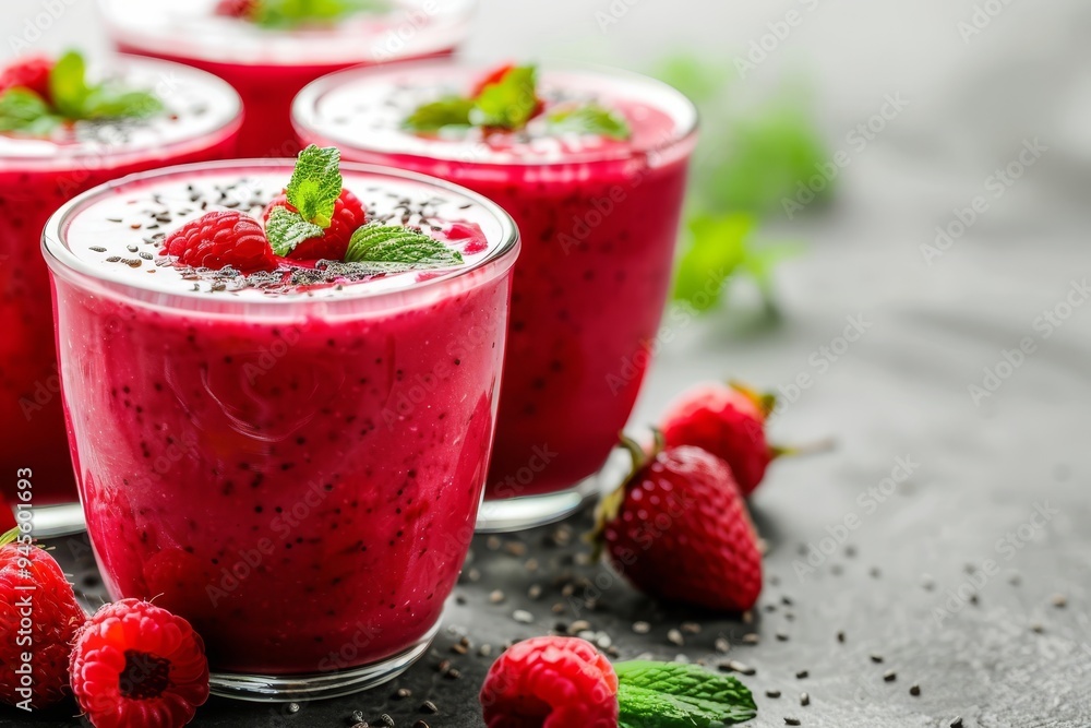 Fresh berry smoothies with chia seeds and mint in glasses on a dark background. Close-up. Fresh berry smoothies with chia seeds and mint in glasses on a dark background. Close-up.