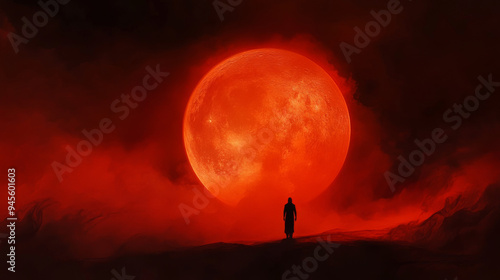 A vampire's silhouette against the backdrop of a glowing blood moon, with mist swirling at their feet.