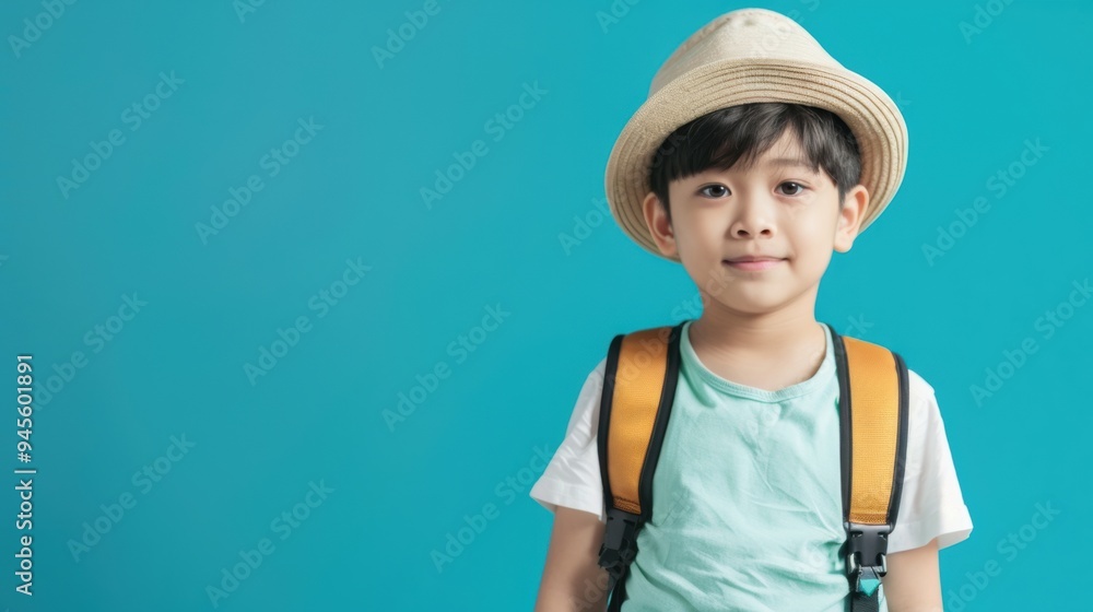 Happy Asian boy ready for a vacation adventure. Travel and vacation concept Happy Asian boy ready for a vacation adventure. Travel and vacation concept