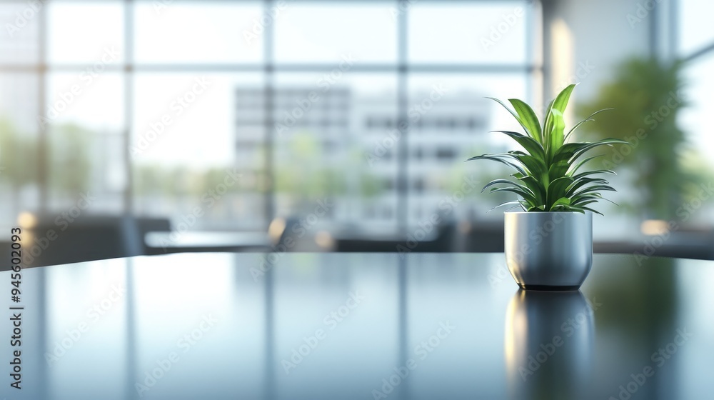 3D rendering of a table set with a blurred office background highlighting contemporary business design for product presentations